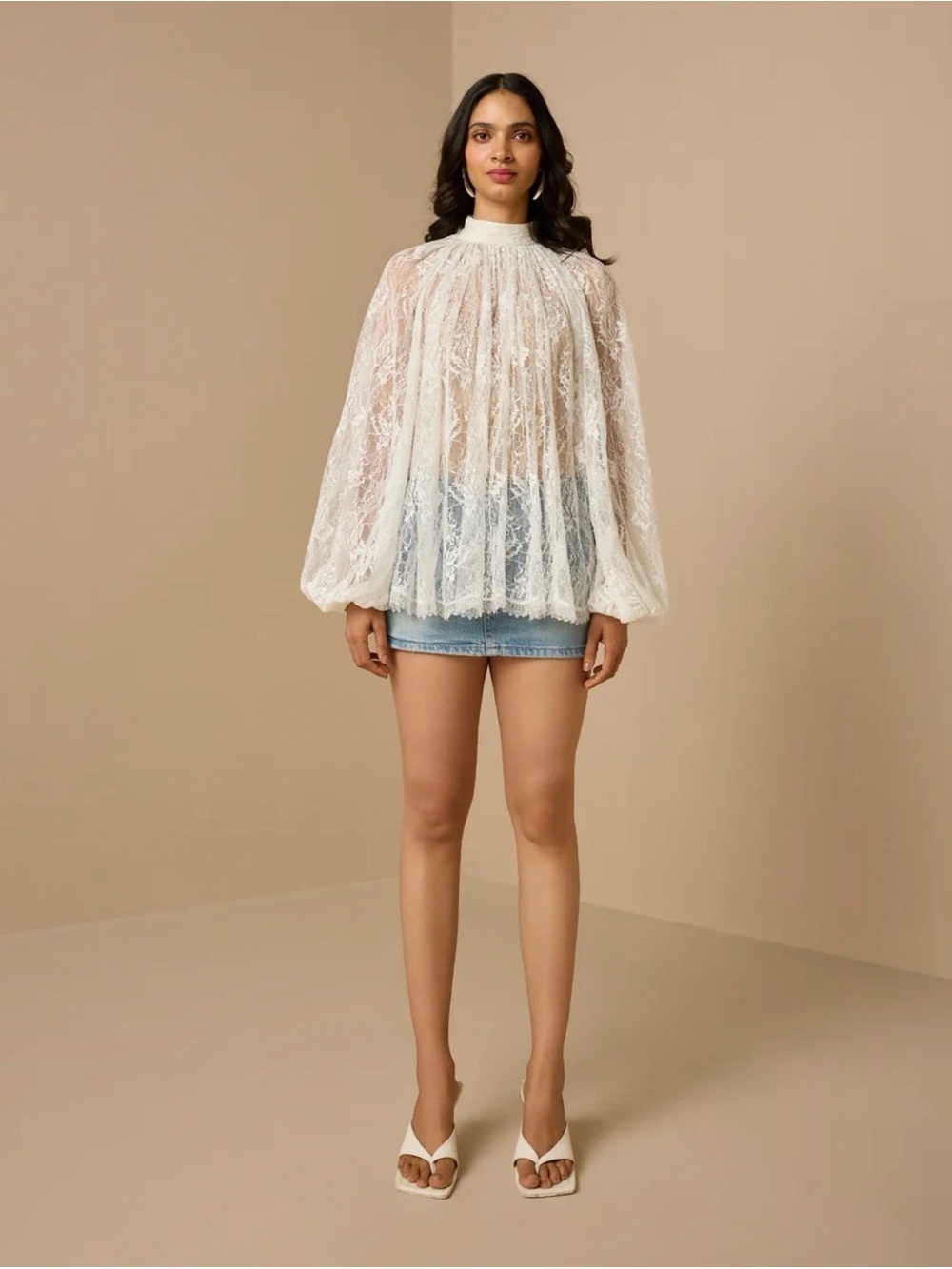 HEMANT & NANDITA White Sheer Lace High-Neck Balloon-Sleeve Top